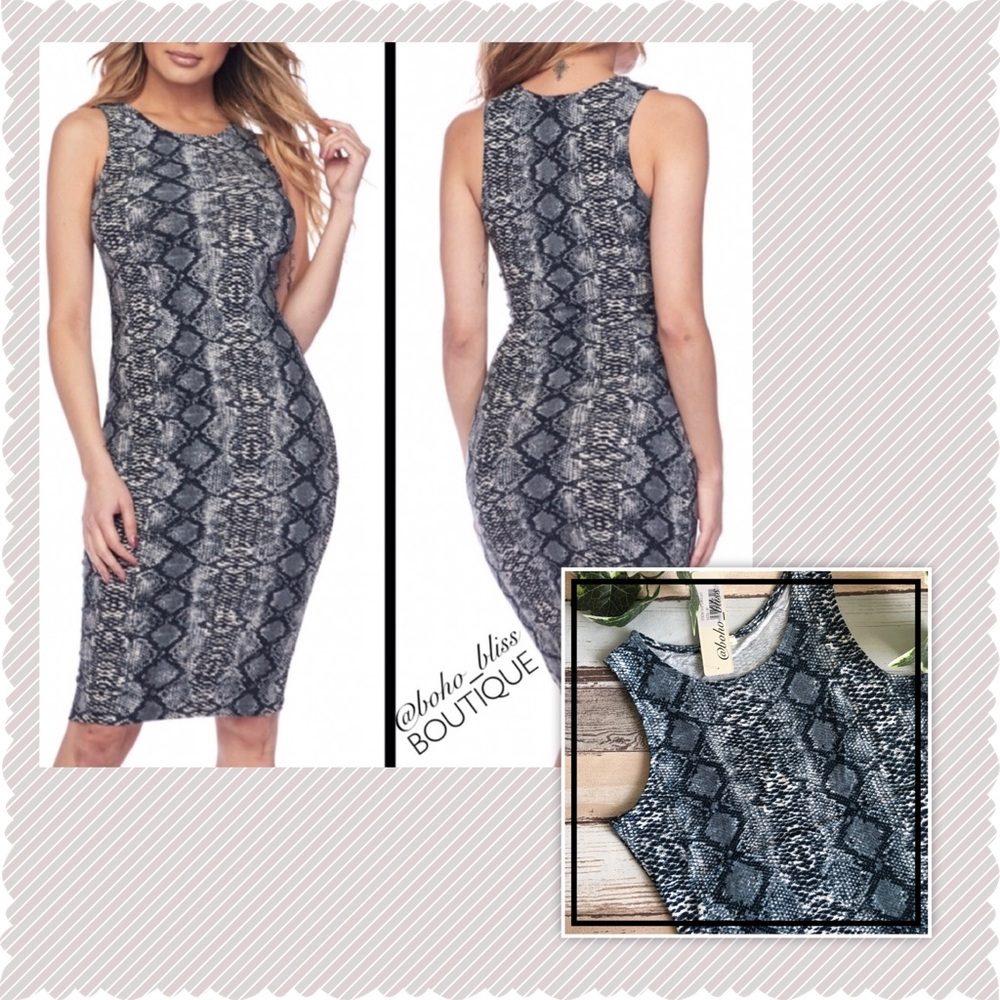 Gray Snake Skin Print Bodycon Midi Dress NWT